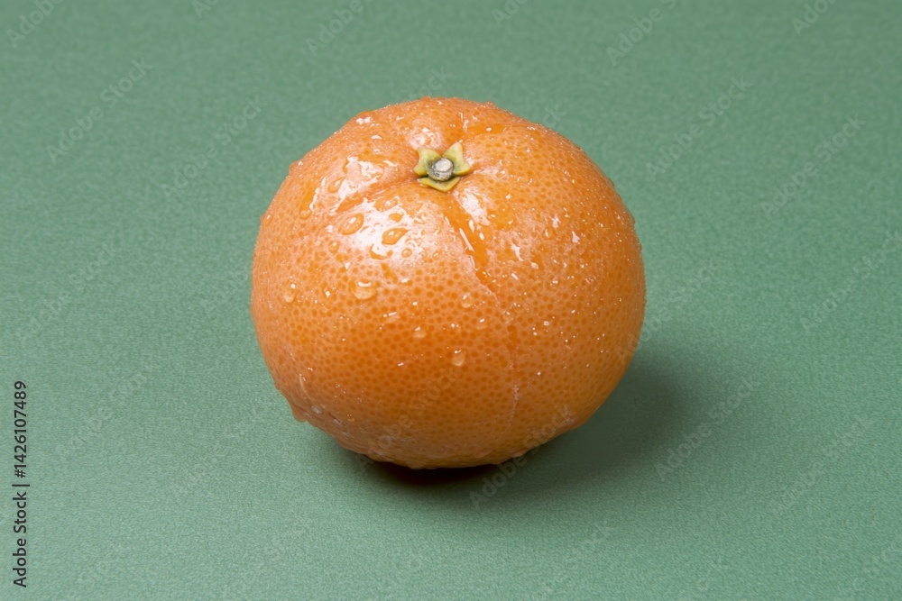 Poster single fresh orange with dew drops glistening on its surface is placed on a soft pastel green backgr