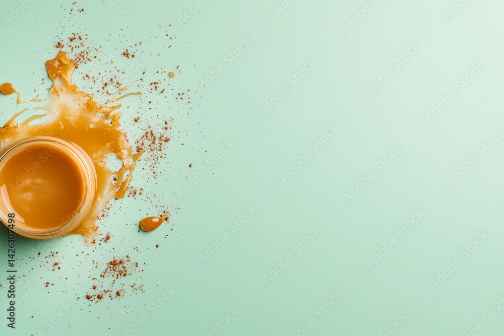 Poster Small clusters of caramel candies rest alongside a pool of smooth caramel sauce on a pastel green background, enhancing tempting features with ample copy space