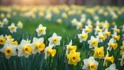 Obraz premium Blooming daffodils against a lush green grass background