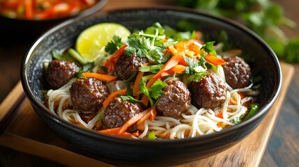 Fototapeta premium Bowl of noodle soup with Lao-style beef balls