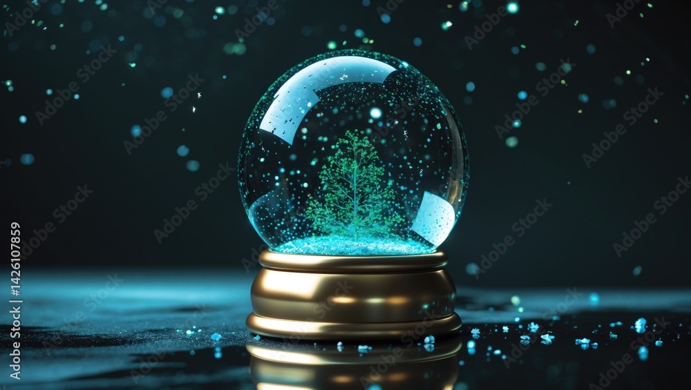 Poster elegant snow globe featuring snowfall within a transparent sphere against a luminous background