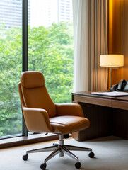 Office chair and desk near large window, soft corporate mood