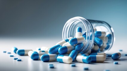 Blue and white capsules spilled from container illustrating antibiotics and antimicrobial drugs in healthcare.