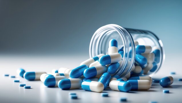 Blue and white capsules spilled from container illustrating antibiotics and antimicrobial drugs in healthcare.