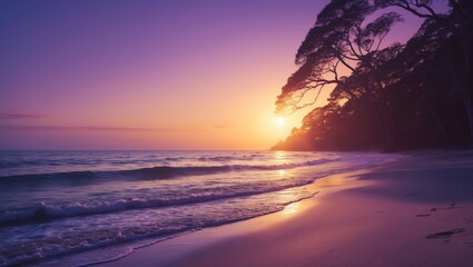 Vivid purple sunset over the ocean with sandy beach, crashing waves, and sun glare