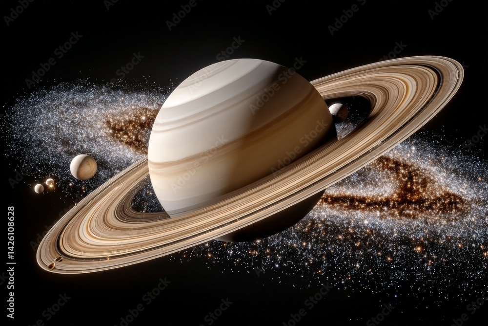 Poster Beautiful view of Saturn surrounded by its moons and rings in deep space with distant galaxies visible