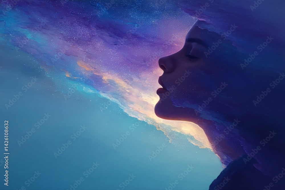 Poster conceptual art combines human silhouette with cosmic elements, reflecting dreams and imagination in 