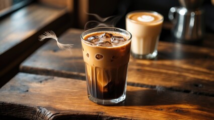 Chilled freshly brewed espresso coffee served in a glass on a cafe table