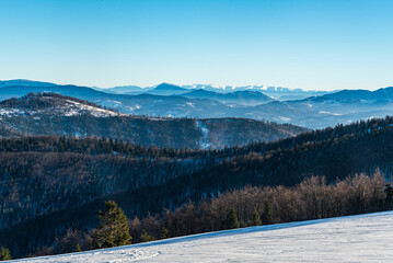 View to Velky Choc and Nizke Tatry mountaina from Hala na Malej Raczy bellow Wielka Racza in Beskid...