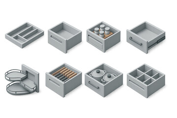 Kitchen storage and organization icon set &ndash; isometric style pantry and utensil arrangement symbols for home organization, kitchen setup, design aesthetics: drawer, organizer, canisters, spice
