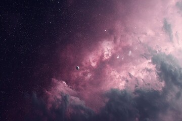 Vivid cosmic landscape showcasing a celestial body amidst vibrant nebula clouds in the night sky