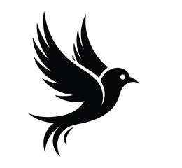 Vector Black Silhouette of a Flying Bird with Outstretched Wings and Curved Tail on a white Background