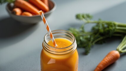 Closeup of natural carrot juice in a mason jar on gray table, ideal for nutritious drinks with space for text