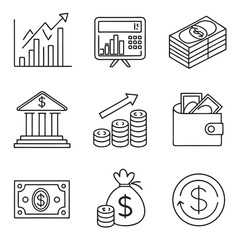 Finance Web Icon Set in Line Style – Money and Payment Icons for Web and Mobile Apps Featuring Banking, Financial Reports, Business, Coins, and More – Vector Illustration