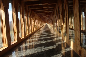 Long corridor lined with wooden frames and large windows reflecting light in a serene setting during daylight