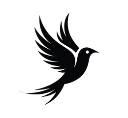 Vector Black Flying Bird Silhouette with Outstretched Wings on a white Background
