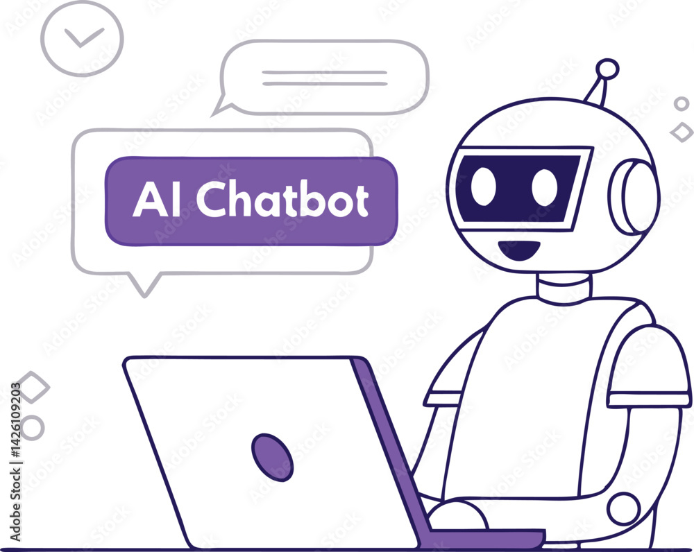 Poster robot using laptop, ai chatbot conversation vector illustration (2).eps, robot using laptop, ai chat