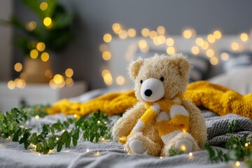 Fototapeta premium Cozy bedroom setting with a teddy bear dressed in a scarf among green leaves and warm fairy lights
