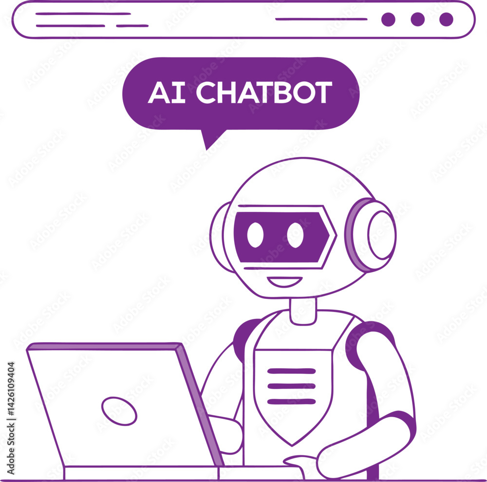 Poster robot using laptop, ai chatbot conversation vector illustration (2).eps, robot using laptop, ai chat