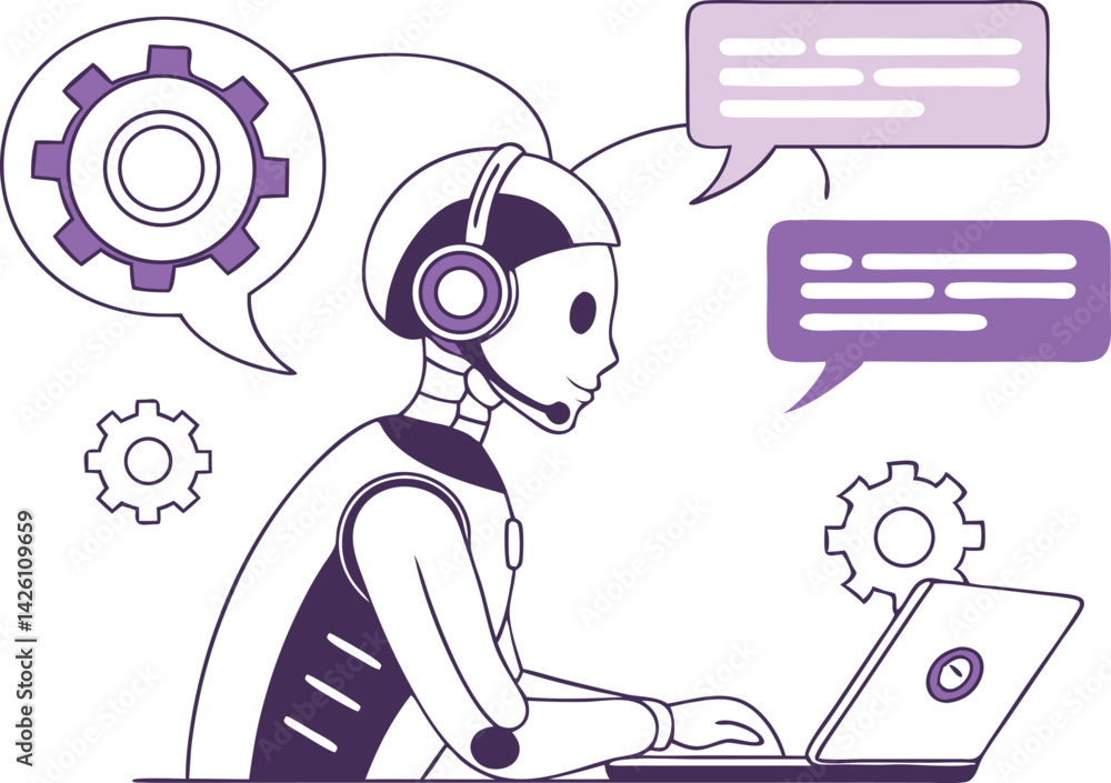 Poster robot using laptop, ai chatbot conversation vector illustration (2).eps, robot using laptop, ai chat