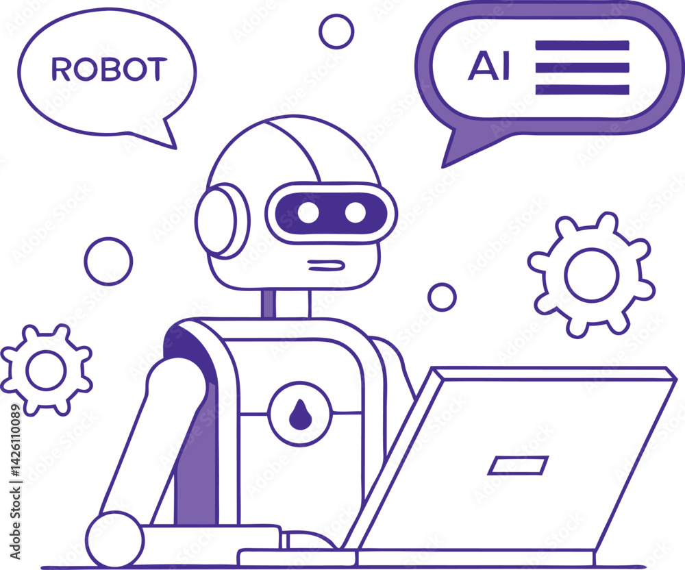 Poster robot using laptop, ai chatbot conversation vector illustration (2).eps, robot using laptop, ai chat