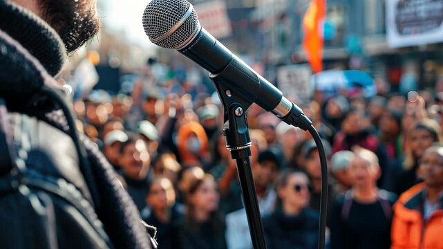 Rally speaker's photo with mic focus, highlighting free speech on Democracy Day. International Day of Democracy, September 15