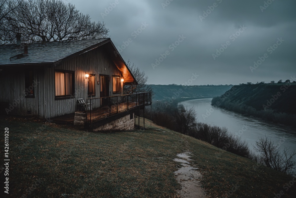 Aufkleber cozy riverside cabin illuminated at dusk near tranquil waters with hills in the background