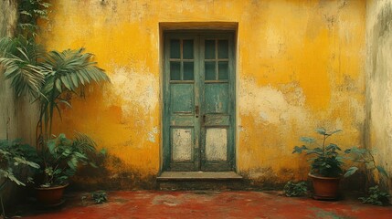 A green door in a yellow wall with plants and a red tiled floor.