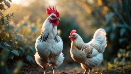 Fototapeta premium Farmyard Bantam Chickens, Rooster, and Hen in a Vibrant Natural Landscape