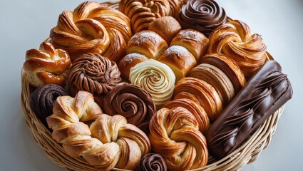 Bakery food items arranged on a background