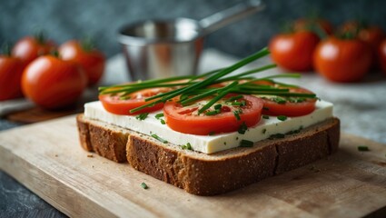 Wholesome morning meal featuring homemade beer bread topped with cheese, tomatoes, and chives