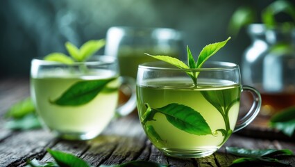 Glass cup filled with fresh green tea
