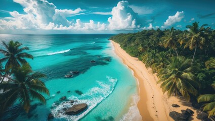 Serene Beach Scene from Aerial Drone Perspective with Tropical Paradise, Palm Trees, Ocean, and Rocks