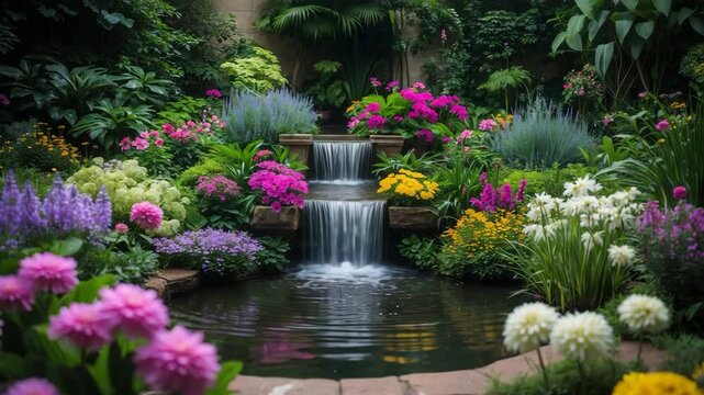 Waterfall and flowers within the gardens