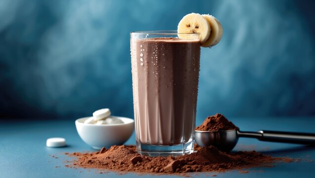 Chocolate Protein Shake with Milk and Banana in a Glass