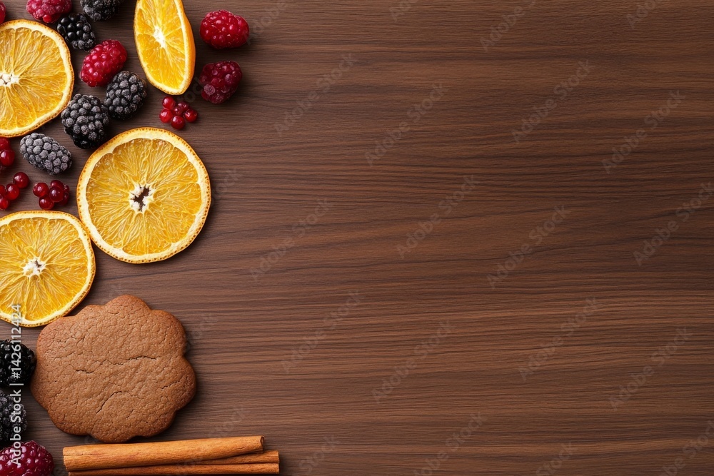 Poster gingerbread cookie sits among dried orange slices, cinnamon sticks, and assorted berries on a wooden