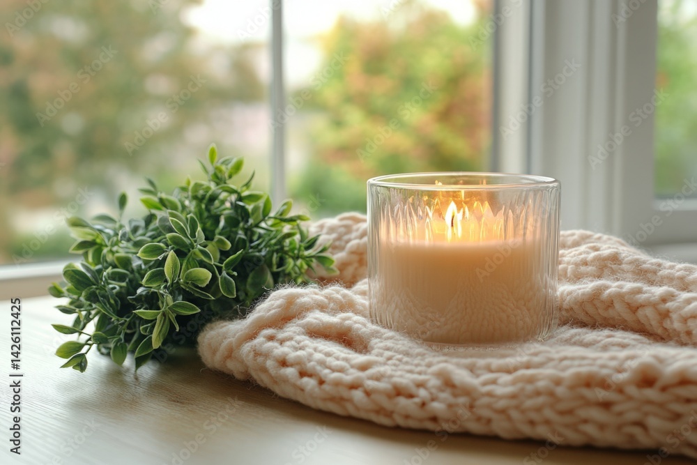 Poster cozy setting with a lit candle and greenery by the window in a serene atmosphere during the afternoo