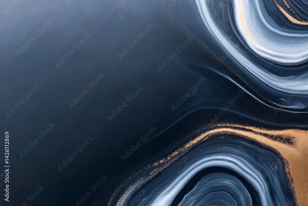 Poster Top-down view captures abstract black marble textures with swirling epoxy-like patterns set against a clean white background, featuring ample copy space