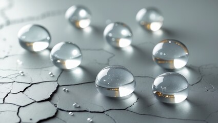 Transparent glass marbles resting on a grey surface