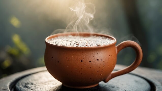 Traditional clay cup serving aromatic tea with froth and masala