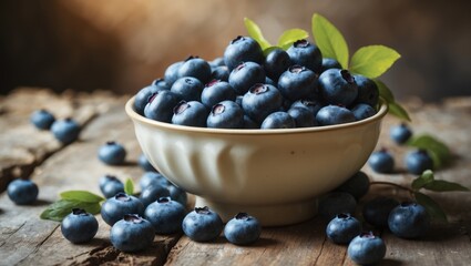 Fresh Blueberries in a Wooden Bowl on a Summer Kitchen Table