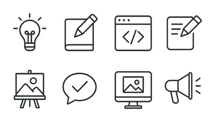 Creative process icon set: linear style light bulb, design, code, note, art, chat, media, megaphone