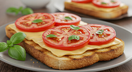 Elegant Open Faced Sandwich With Cheese Tomato And Basil Arrangement
