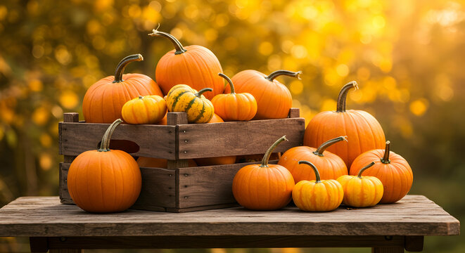 Autumn harvest pumpkins in wooden crate on rustic table fall background Thanksgiving Halloween decoration