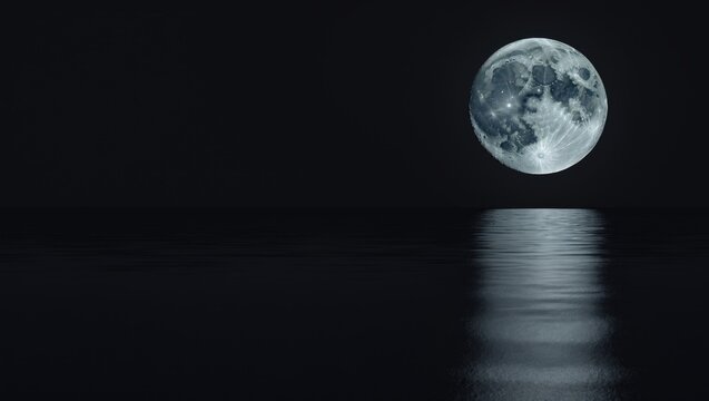 Full moon reflecting on water surface under starry black sky - Powered by Adobe