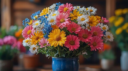 A vibrant bouquet of colorful flowers in a blue vase, set against a blurred floral shop background