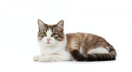 White and Brown Cat Resting With Yellow Eyes Isolated on White Background Studio Shot Furry Domestic Pet