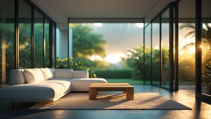 Fototapeta premium Contemporary Sunlit Home Interior Featuring a Spacious Living Room with Elegant Sectional Sofa and Coffee Table