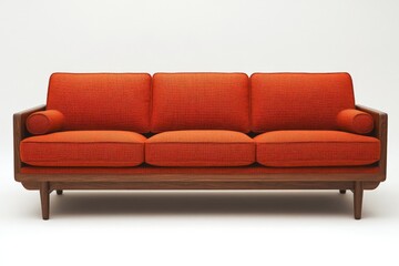 Mid-century modern orange sofa with wooden frame showcased in minimalist setting for interior design inspiration