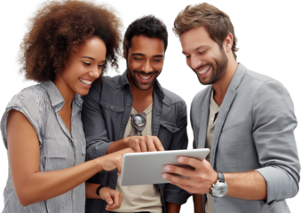 Multi-ethnic team of three young professionals in smart-casual attire, gathered around a sleek tablet, engaged in collaborative discussion PNG cutout on transparent background